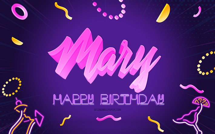 誕生日おめでとう, 4k, 紫のパーティーの背景, メアリー, クリエイティブアート, マリアお誕生日おめでとう, メアリー名, メアリーの誕生日, 誕生日パーティーの背景