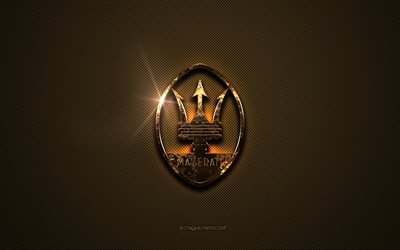 Maserati logo dorato, grafica, sfondo marrone in metallo, emblema Maserati, logo Maserati, marchi, Maserati