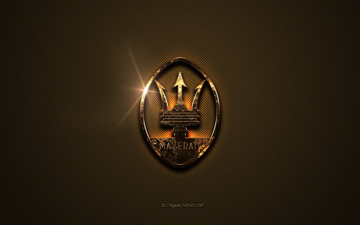 Logo dor&#233; Maserati, oeuvre d&#39;art, fond en m&#233;tal marron, embl&#232;me Maserati, logo Maserati, marques, Maserati