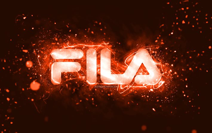 Fila orange logo, 4k, orange neon lights, creative, orange abstract background, Fila logo, brands, Fila