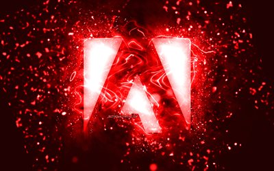Adobe kırmızı logo, 4k, kırmızı neon ışıklar, yaratıcı, kırmızı soyut arka plan, Adobe logosu, markalar, Adobe