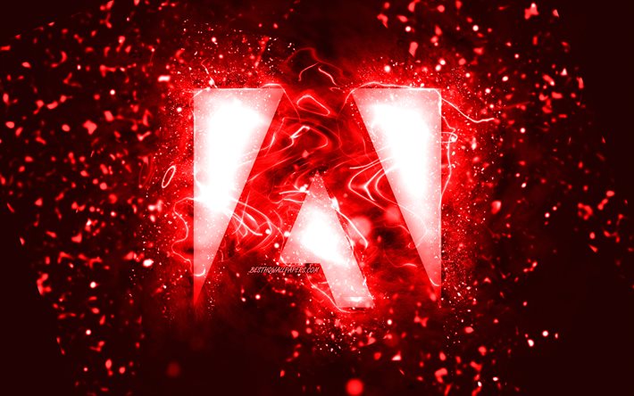 Adobe red logo, 4k, red neon lights, creative, red abstract background, Adobe logo, brands, Adobe