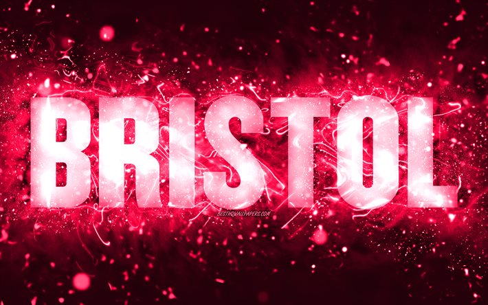 Buon Compleanno Bristol, 4k, neon rosa, nome Bristol, creativo, Bristol Buon Compleanno, Bristol Compleanno, nomi femminili americani popolari, foto con nome Bristol, Bristol