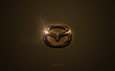 Logo Mazda dorato, grafica, sfondo marrone in metallo, emblema Mazda, logo Mazda, marchi, Mazda