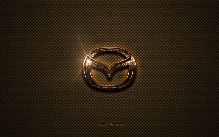Mazda altın logosu, sanat eseri, kahverengi metal arka plan, Mazda amblemi, Mazda logosu, markalar, Mazda