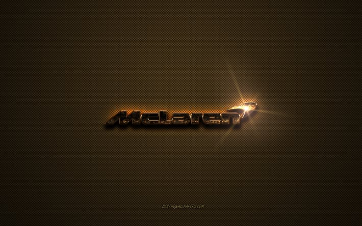 Logo McLaren dorato, grafica, sfondo marrone in metallo, emblema McLaren, logo McLaren, marchi, McLaren
