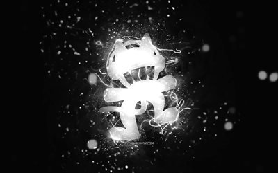 Monstercat vit logotyp, 4k, kanadensiska DJ:s, vita neonljus, kreativ, svart abstrakt bakgrund, Monstercat logotyp, musikstjärnor, Monstercat