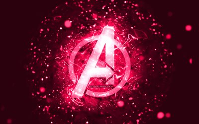 Logotipo rosa dos Vingadores, 4k, luzes de n&#233;on rosa, criativo, fundo abstrato rosa, logotipo dos Vingadores, super-her&#243;is, Vingadores