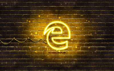 Microsoft Edge yellow logo, 4k, yellow brickwall, Microsoft Edge logo, brands, Microsoft Edge neon logo, Microsoft Edge