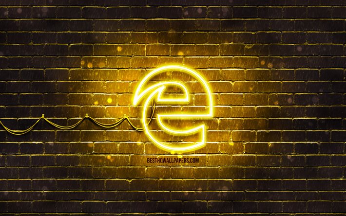 Logotipo amarillo de Microsoft Edge, 4k, pared de ladrillo amarillo, logotipo de Microsoft Edge, marcas, logotipo de ne&#243;n de Microsoft Edge, Microsoft Edge