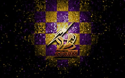 Melbourne Storm, glitter logo, NRL, yellow violet checkered background, rugby, australian rugby club, Melbourne Storm logo, mosaic art, National Rugby League
