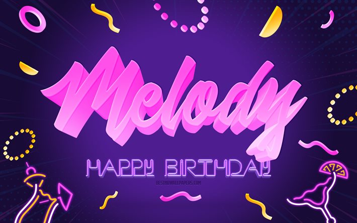 Melodia di buon compleanno, 4k, sfondo festa viola, melodia, arte creativa, buon compleanno melodia, nome melodia, compleanno melodia, sfondo festa di compleanno