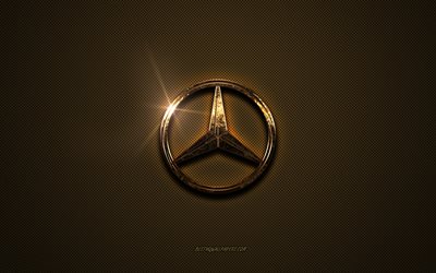 Logotipo dourado da Mercedes-Benz, arte, fundo de metal marrom, emblema da Mercedes-Benz, logotipo da Mercedes-Benz, marcas, Mercedes-Benz