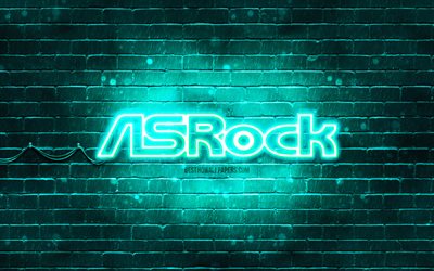 Logotipo de ASrock turquesa, 4k, pared de ladrillo turquesa, logotipo de ASrock, marcas, logotipo de ne&#243;n de ASrock, ASrock