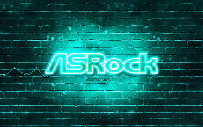 ASrock turkuaz logo, 4k, turkuaz brickwall, ASrock logo, markalar, ASrock neon logo, ASrock