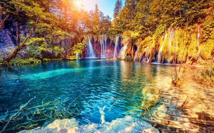 Kroatien, vattenfall, Plitvicesj&#246;arnas nationalpark, kroatiska landm&#228;rken, vacker natur, h&#246;st, HDR, kroatisk natur, Europa