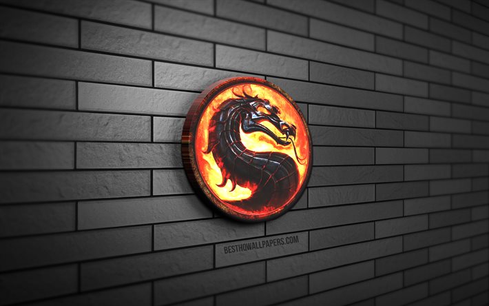 Mortal Kombat 3D logo, 4K, gray brickwall, creative, fighting simulators, Mortal Kombat logo, 3D art, Mortal Kombat