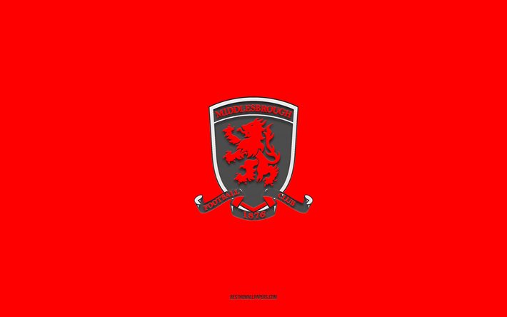 Middlesbrough FC, kırmızı arka plan, İngiliz futbol takımı Middlesbrough FC amblemi, EFL Şampiyonası, Middlesbrough, İngiltere, futbol, Middlesbrough FC logosu