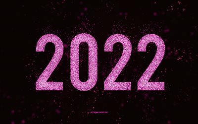 Feliz a&#241;o nuevo 2022, arte de brillo rosa, a&#241;o nuevo 2022, fondo de brillo rosa 2022, conceptos de 2022, fondo negro, tarjeta de felicitaci&#243;n de 2022