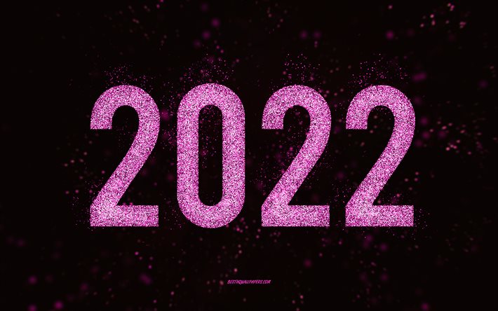 Happy New Year 2022, pink glitter art, 2022 New Year, 2022 pink glitter background, 2022 concepts, black background, 2022 greeting card