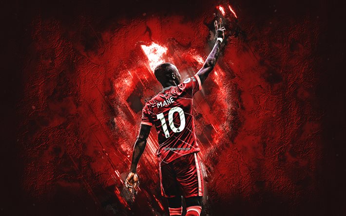 sadio mane, fc liverpool, senegalesischer fu&#223;ballspieler, mittelfeldspieler, roter steinhintergrund, fu&#223;ball, premier league, england