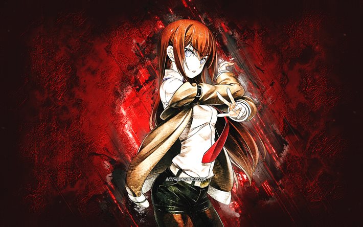 Download Wallpapers Kurisu Makise Steins Gate Red Stone Background Steins Gate Characters Japanese Manga Kurisu Makise Steins Gate Makise Kurisu For Desktop Free Pictures For Desktop Free