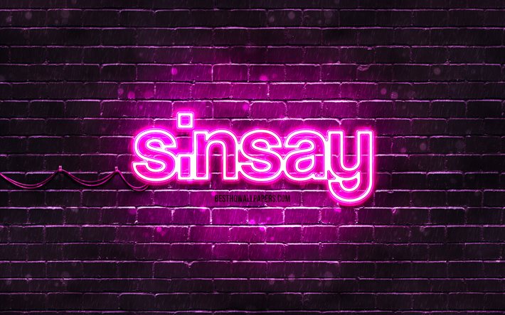 Logotipo roxo Sinsay, 4k, parede de tijolos roxa, logotipo Sinsay, marcas, logotipo n&#233;on Sinsay, Sinsay