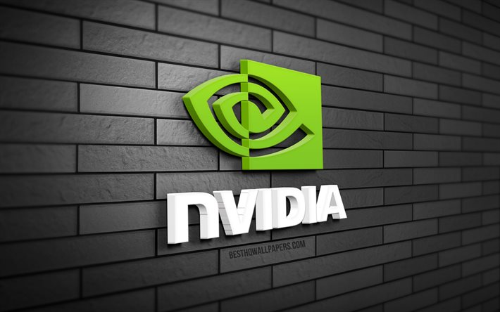 Logo Nvidia 3D, 4K, muro di mattoni grigio, creativo, marchi, logo Nvidia, arte 3D, Nvidia