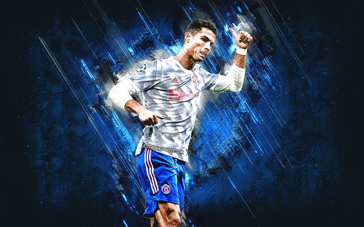 Cristiano Ronaldo, Manchester United FC, sfondo pietra blu, CR7, Ronaldo Manchester United, ritratto, Champions League, calcio
