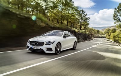 Mercedes-Benz E-Class, Coupe, 2017, new E-Class, white Mercedes, road, speed