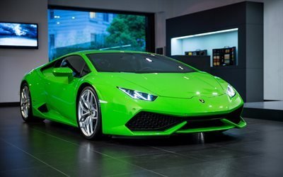 Lamborghini Huracan, 2016 cars, showroom, green huracan