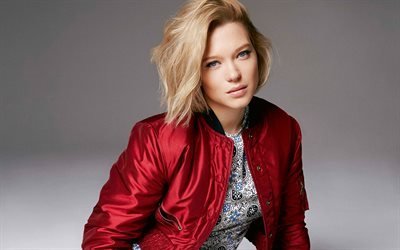 Lea Seydoux, portrait, French actress, model, beautiful girl, red leather jacket