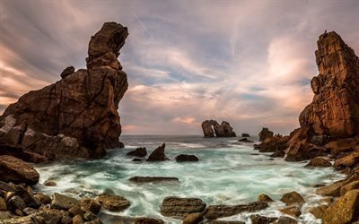 coast, sunset, sea, waves, rocks