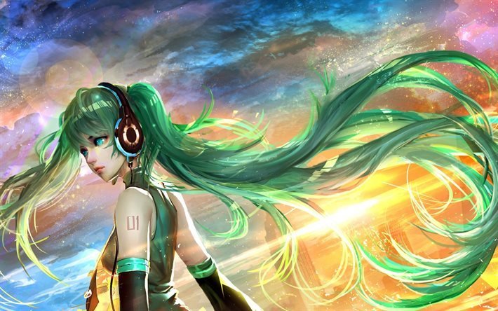 Download wallpapers Hatsune Miku green hair manga art 