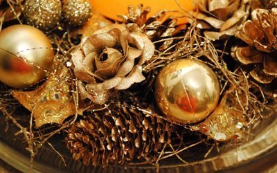 gold Christmas decorations, Christmas, New Year golden balls