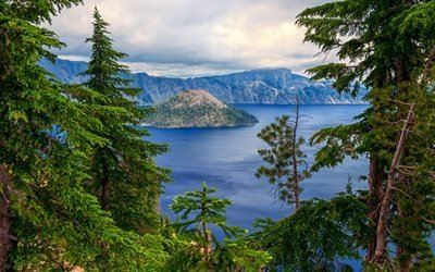 el lago, las monta&#241;as, cr&#225;teres, lagos, bosques, estados UNIDOS, el Parque nacional Crater Lake