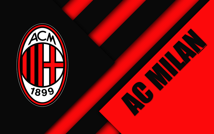 AC Milan, logo, 4k, material design, football, Serie A, Milan, Italy, black and red abstraction, Italian football club