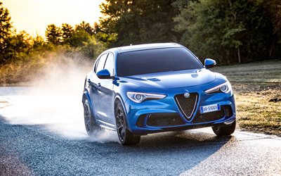 Alfa Romeo Stelvio, Quadrifoglio, 2018, blue luxury crossover, road, speed, wet road, blue Stelvio, Alfa Romeo
