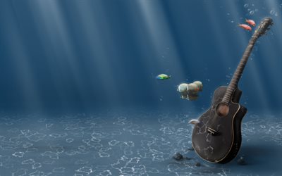 guitar, underwater, sea, sun rays, fish