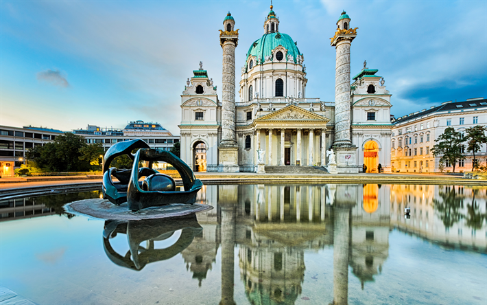 Karlskirche, Catholic Church, fountain, Vienna, Austria, Baroque architecture, 4k
