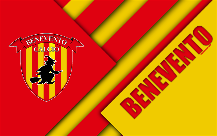بينيفنتو كالتشيو, شعار, 4k, تصميم المواد, كرة القدم, دوري الدرجة الاولى الايطالي, بينيفنتو, كامبانيا, إيطاليا, أحمر أصفر التجريد, الإيطالي لكرة القدم