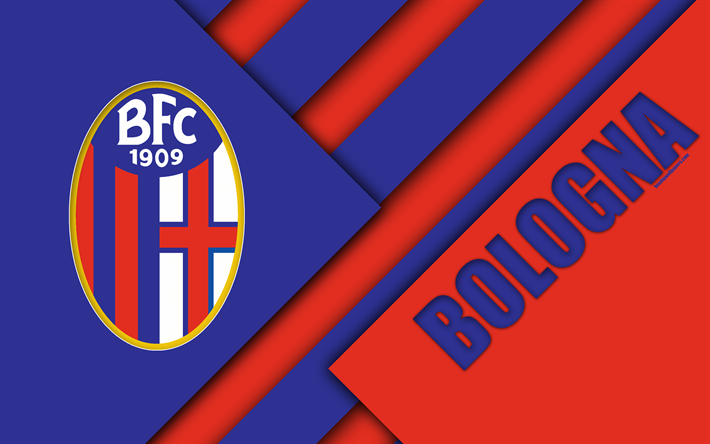 Bologna FC, logo, 4k, materiaali suunnittelu, jalkapallo, Serie, Bologna, Italia, punainen sininen abstraktio, Italian football club