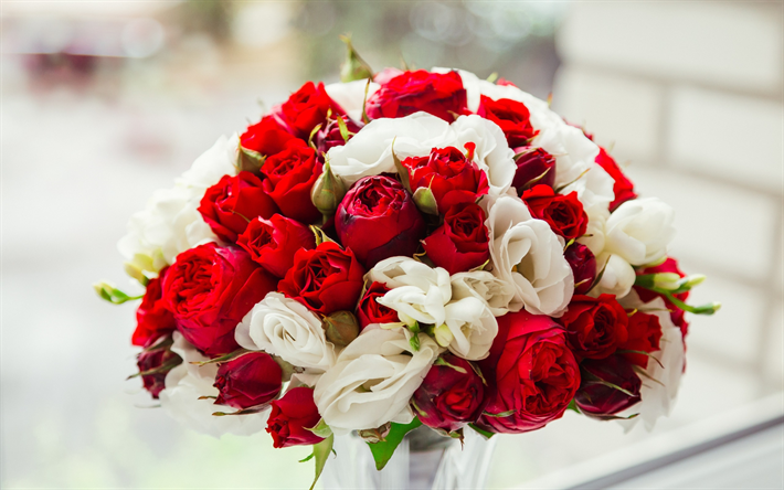 bouquet de mariage, rouge &#224; fleurs blanches, roses, bouquet de mari&#233;e, mariage