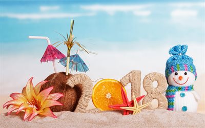 2018 2018 4k, Mutlu Yeni Yıl, kardan adam, plaj, Noel, Yeni Yıl, xmas