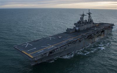 buque de asalto anfibio USS Wasp, LHD-1, el mar, el buque de guerra Americano, 4k, la Marina de los EEUU, estados UNIDOS