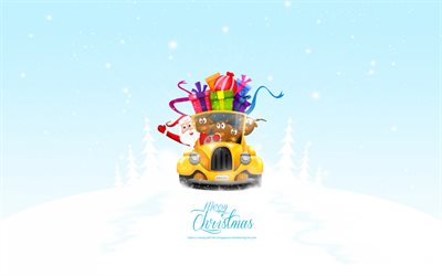 Santa Claus, car, presents, reindeer, Merry Christmas, Xmas, Happy New Year
