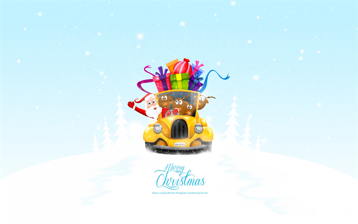 Santa Claus, car, presents, reindeer, Merry Christmas, Xmas, Happy New Year