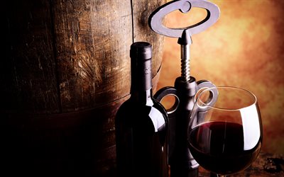 red wine, wine cellar, bottle of wine, wooden barrel, wine concepts, 4k