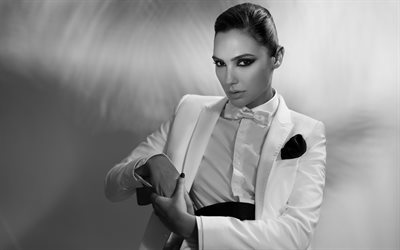 Gal Gadot, white retro costume, photoshoot, Israeli actress, black and white portrait