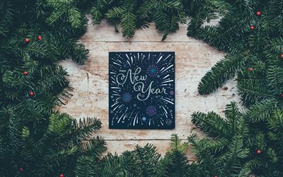 Mutlu yıllar, yeşil Noel ağacı, 2018, ahşap arka plan, Noel, 4k